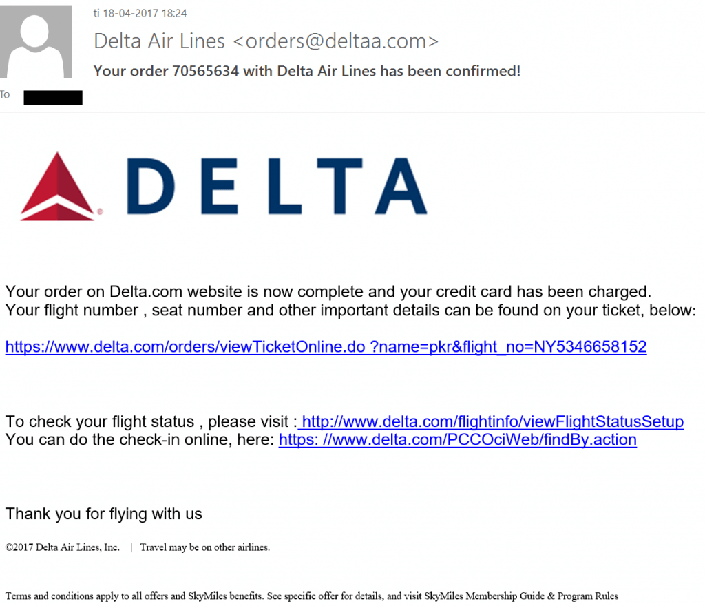 Don t Click On A Delta Air Lines Receipt With No Flight Information 